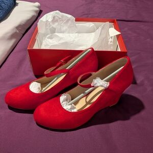 Women's Red Mary Jane Wedge Heels with Ankle Strap